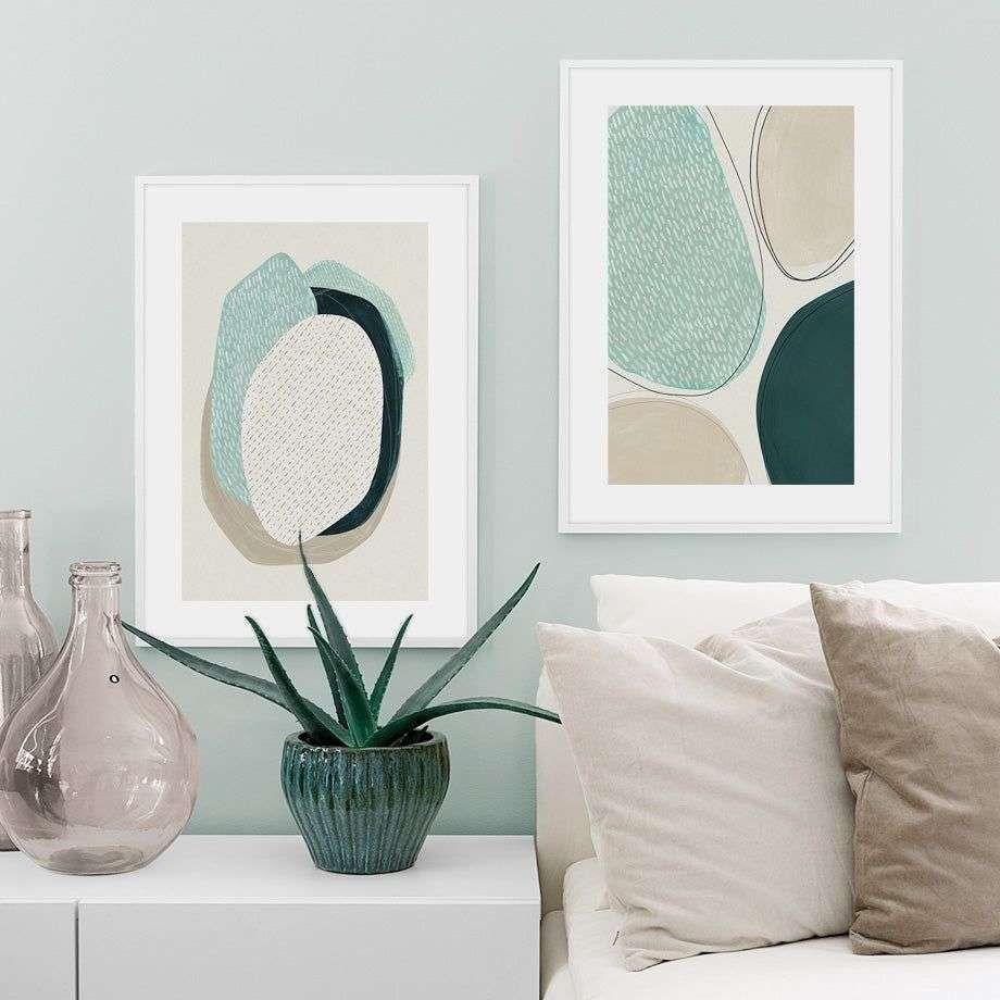 Wall Art 60cmx90cm Abstract Green Circle 2 Sets White Frame Canvas - Magdasmall