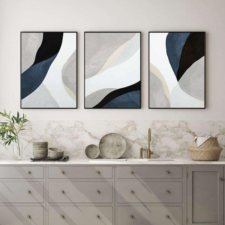 Wall Art 60cmx90cm Abstract Navy Blue 3 Sets Black Frame Canvas