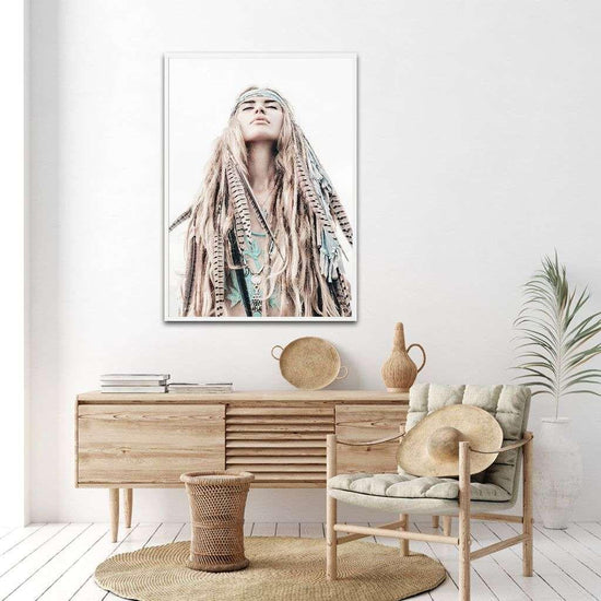 Wall Art 60cmx90cm BOHO Girl White Frame Canvas