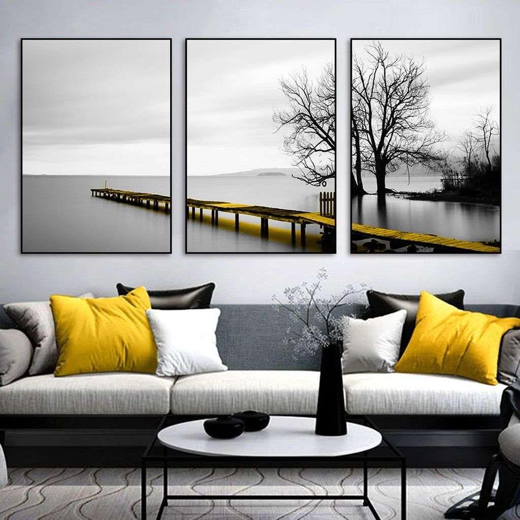 Wall Art 60cmx90cm Calm Lake Bridge Tree Scene 3 Sets Black Frame Canvas - Magdasmall