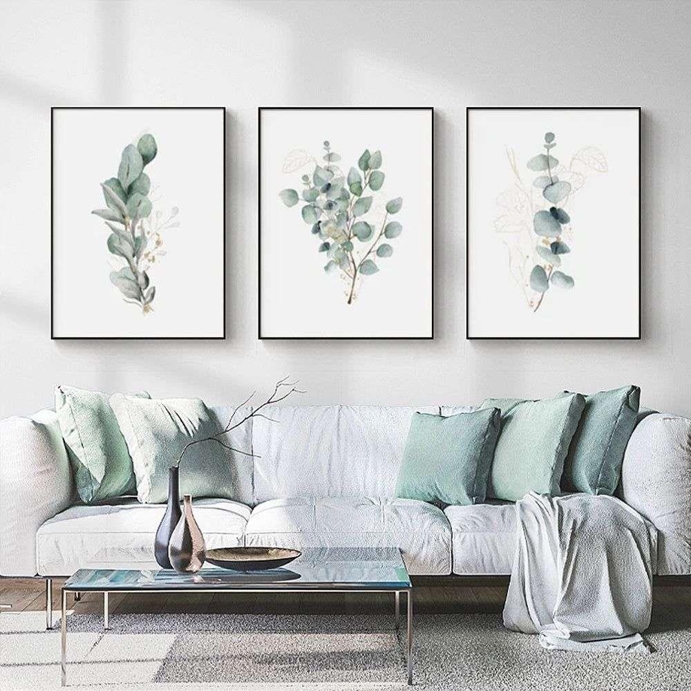 Wall Art 60cmx90cm Eucalyptus Plant 3 Sets Black Frame Canvas - Magdasmall