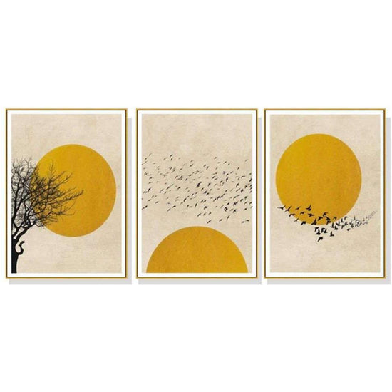 Wall Art 60cmx90cm Flock Of Birds Sun Silhouette 3 Sets Gold Frame Canvas - Magdasmall