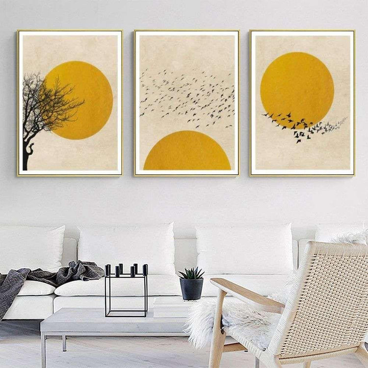 Wall Art 60cmx90cm Flock Of Birds Sun Silhouette 3 Sets Gold Frame Canvas - Magdasmall