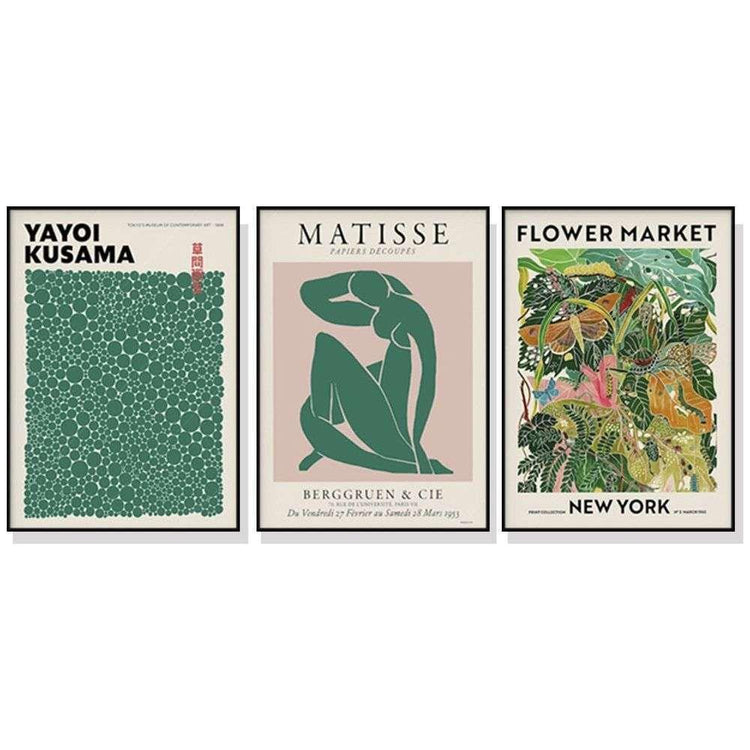 Wall Art 60cmx90cm Flower Market, Matisse Print, Yayoi Kusama 3 Sets Black Frame Canvas - Magdasmall