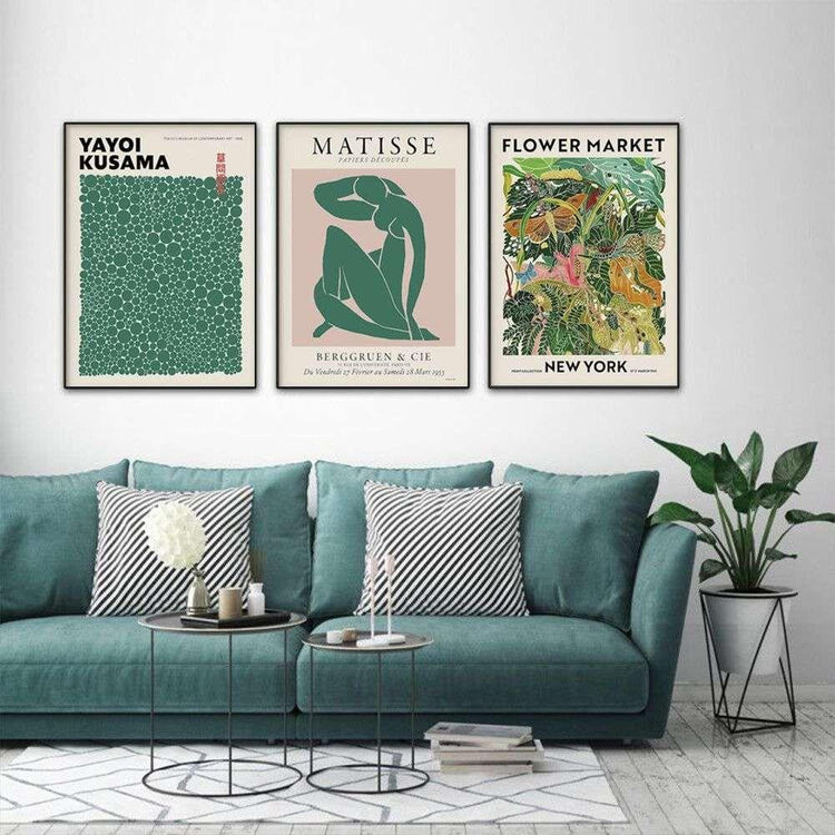 Wall Art 60cmx90cm Flower Market, Matisse Print, Yayoi Kusama 3 Sets Black Frame Canvas - Magdasmall