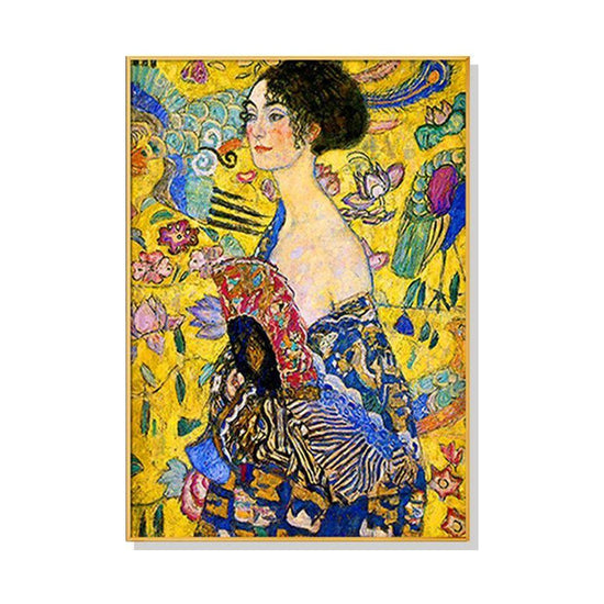 Wall Art 60cmx90cm Lady With A fan By Klimt Gold Frame Canvas - Magdasmall