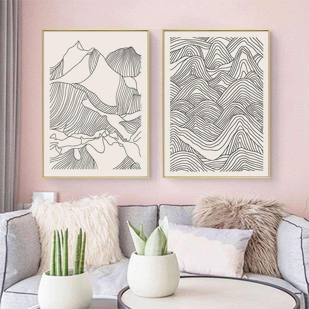 Wall Art 60cmx90cm Line Art Mountain 2 Sets Gold Frame Canvas - Magdasmall