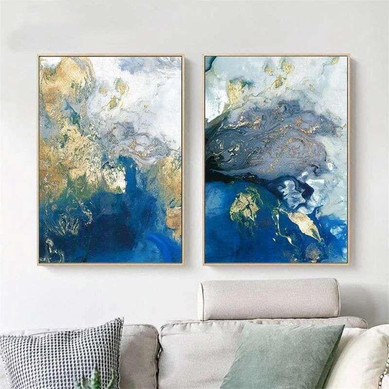 Wall Art 60cmx90cm Marbled Blue And Gold 2 Sets Gold Frame Canvas