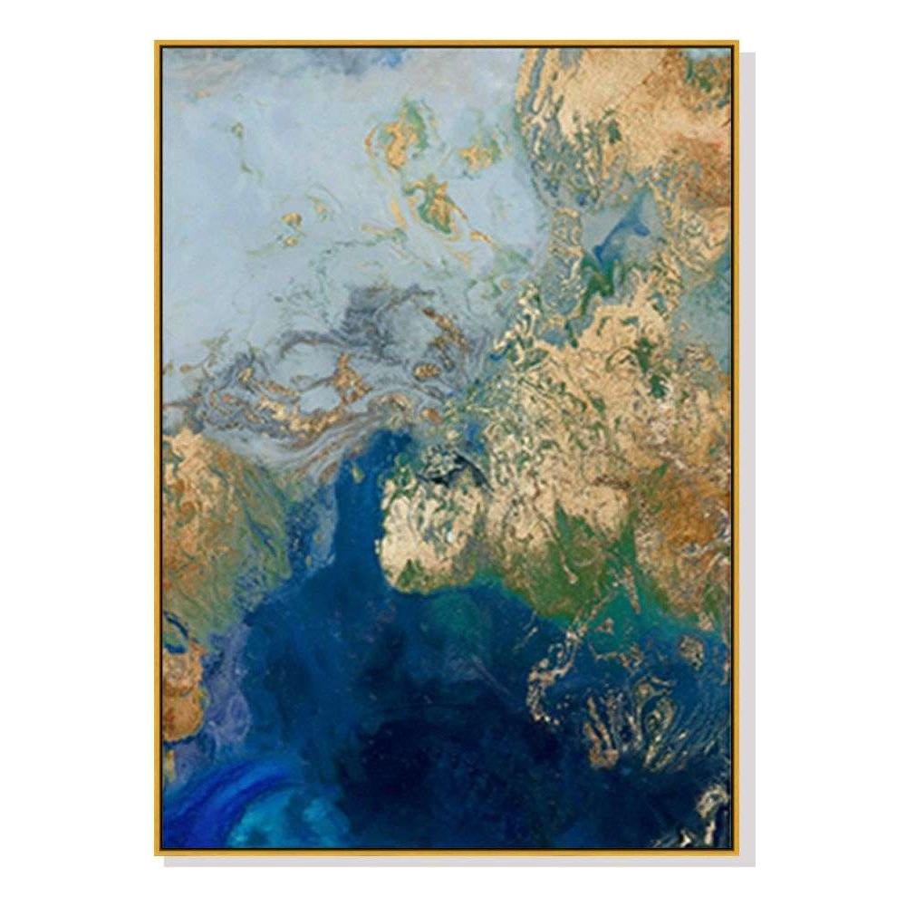 Wall Art 60cmx90cm Marbled Blue Gold Artwork Gold Frame Canvas