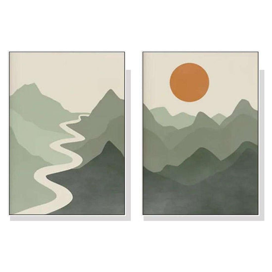 Wall Art 60cmx90cm Sage Green River Mountain 2 Sets White Frame Canvas - Magdasmall