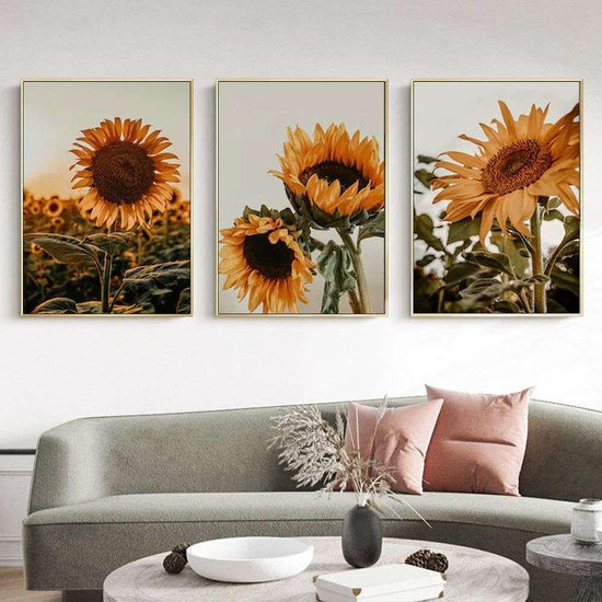 Wall Art 60cmx90cm Sunflower 3 Sets Gold Frame Canvas - Magdasmall