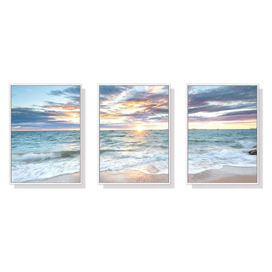 Wall Art 60cmx90cm Sunrise by the ocean 3 Sets White Frame Canvas - Magdasmall