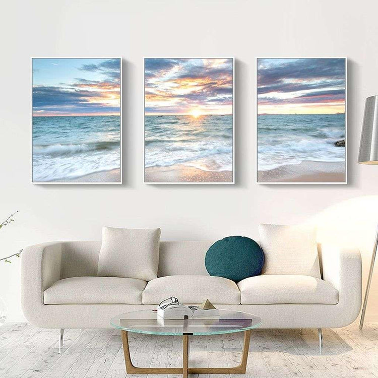 Wall Art 60cmx90cm Sunrise by the ocean 3 Sets White Frame Canvas - Magdasmall