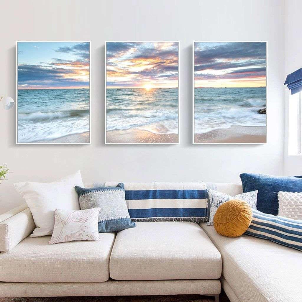 Wall Art 60cmx90cm Sunrise by the ocean 3 Sets White Frame Canvas - Magdasmall