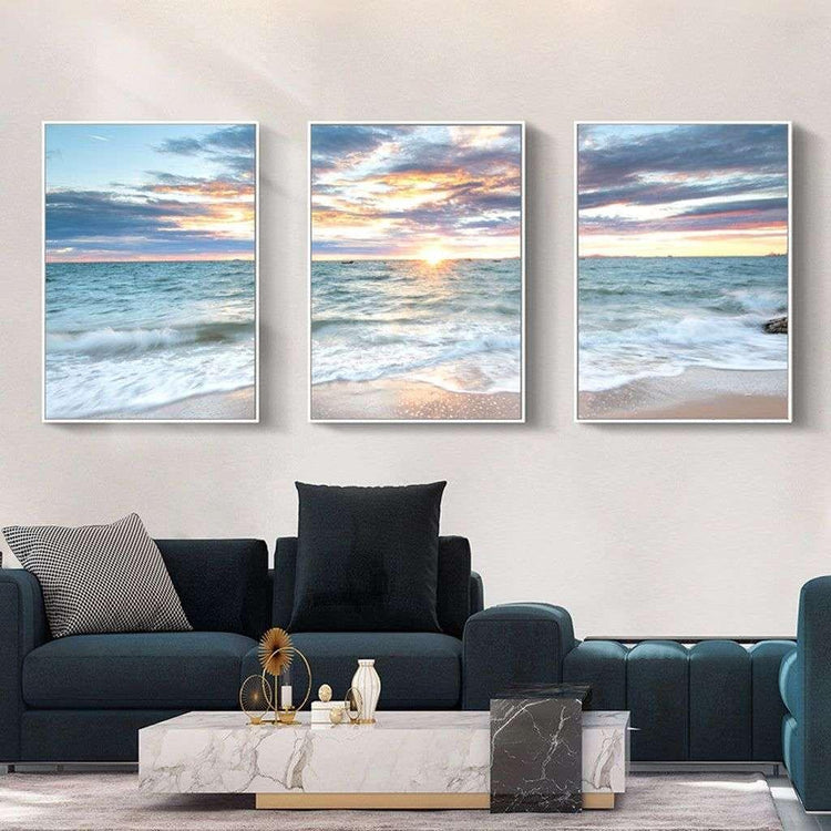 Wall Art 60cmx90cm Sunrise by the ocean 3 Sets White Frame Canvas - Magdasmall