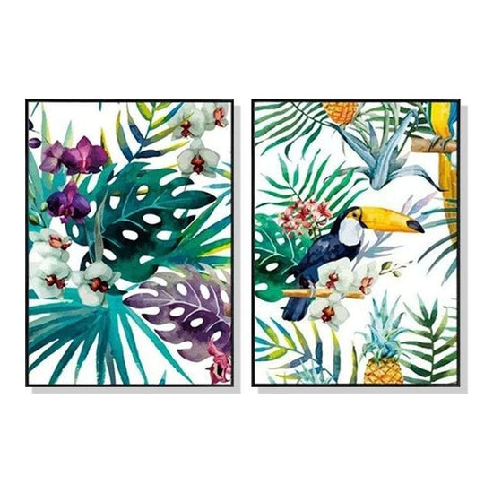 Wall Art 60cmx90cm Toucan and orchid 2 Sets Black Frame Canvas - Magdasmall