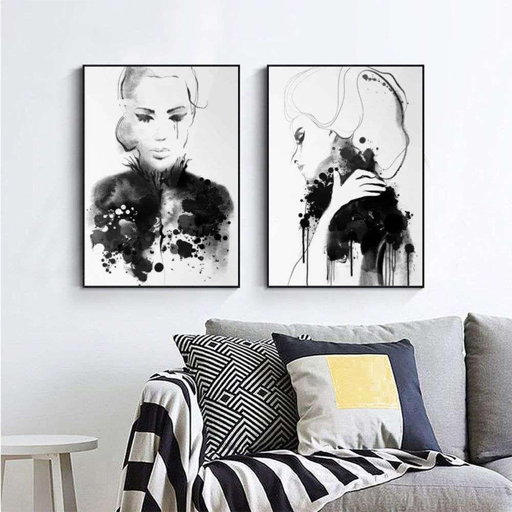 Wall Art 60cmx90cm Watercolor Sketch 2 Sets Black Frame Canvas - Magdasmall