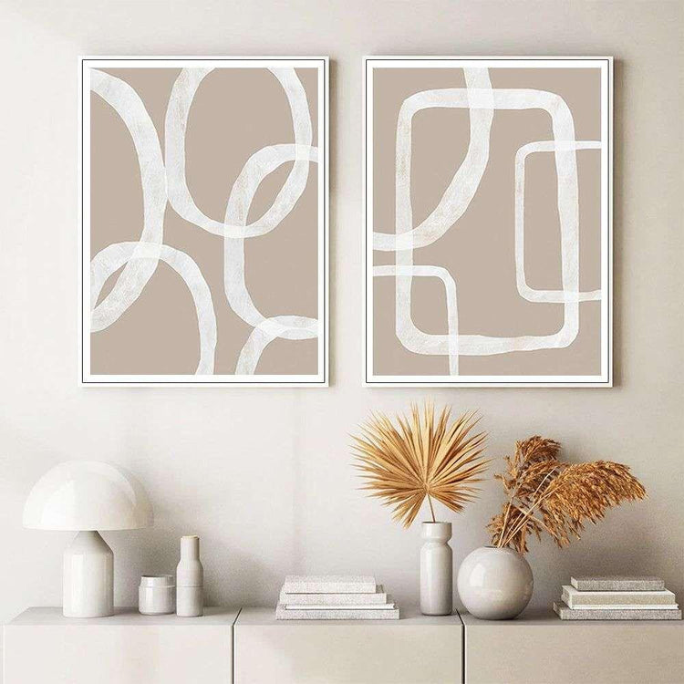 Wall Art 70cmx100cm Abstract White Lines 2 Sets White Frame Canvas - Magdasmall