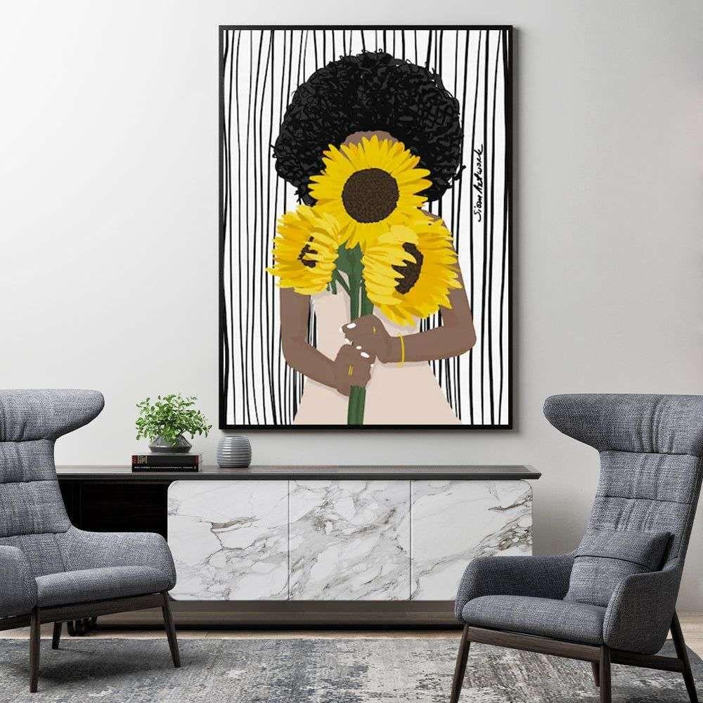 Wall Art 70cmx100cm African Woman Sunflower Black Frame Canvas - Magdasmall