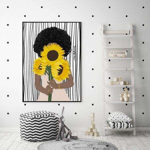 Wall Art 70cmx100cm African Woman Sunflower Black Frame Canvas - Magdasmall