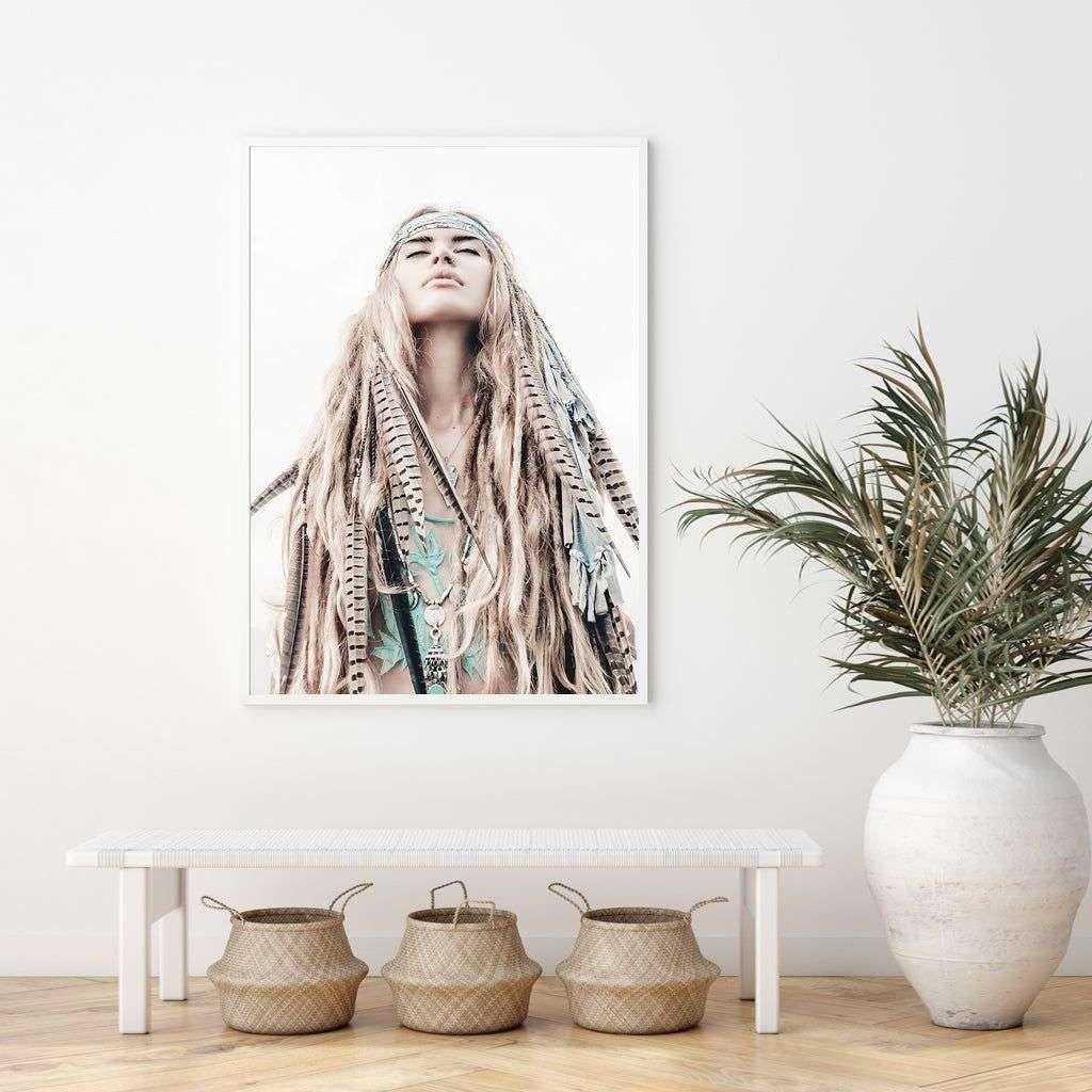 Wall Art 70cmx100cm BOHO Girl White Frame Canvas - Magdasmall