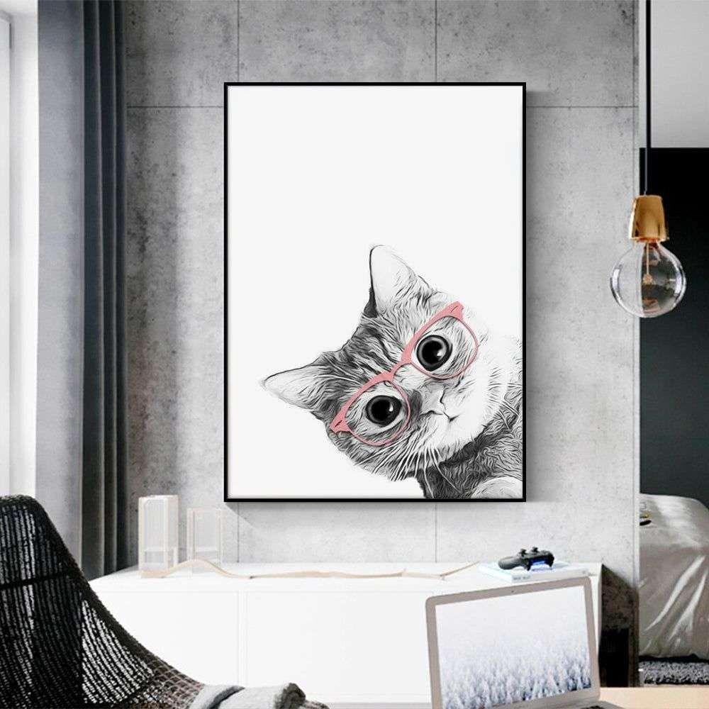 Wall Art 70cmx100cm Cat With Glasses Black Frame Canvas - Magdasmall