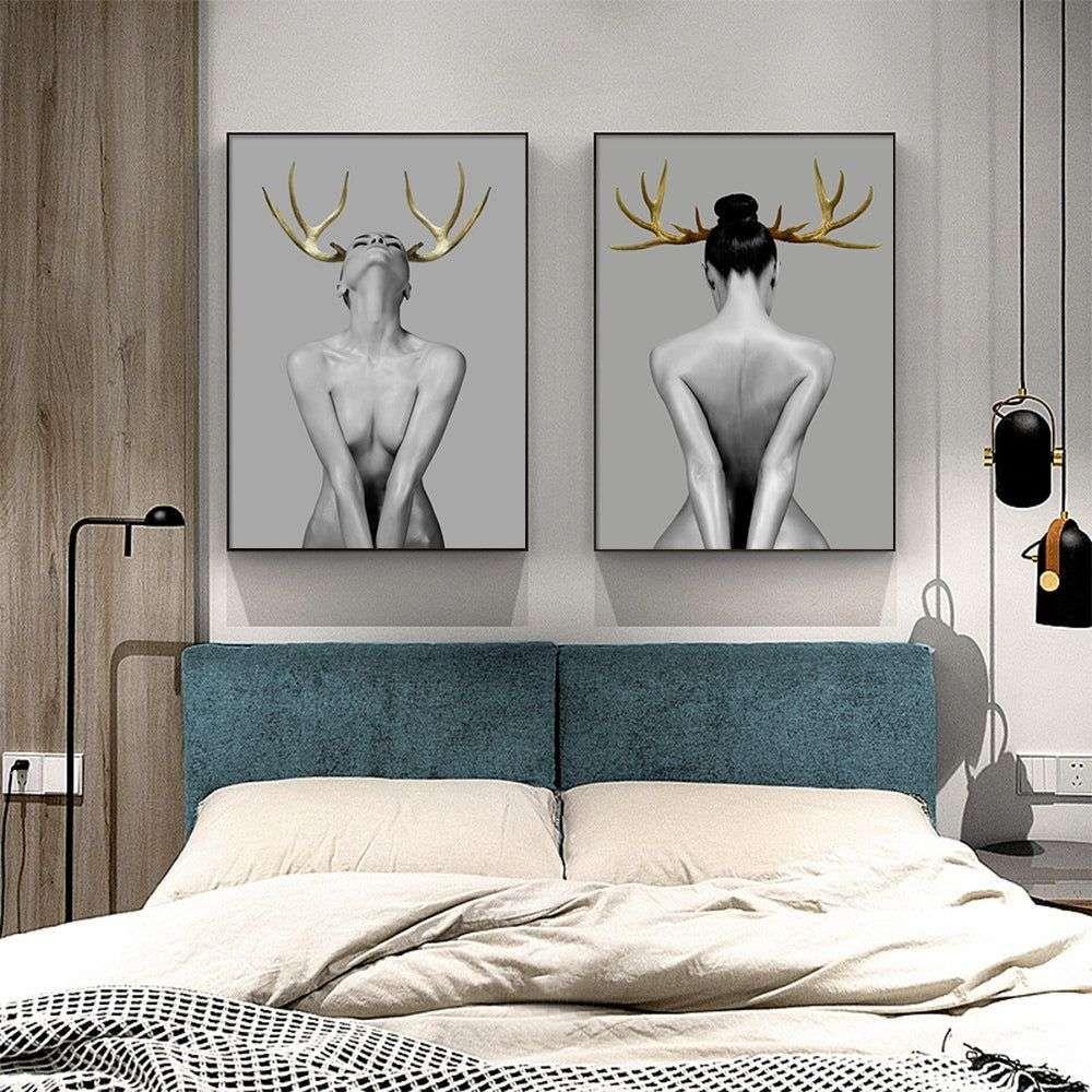 Wall Art 70cmx100cm Girl With Gold Horn 2 Sets Black Frame Canvas - Magdasmall