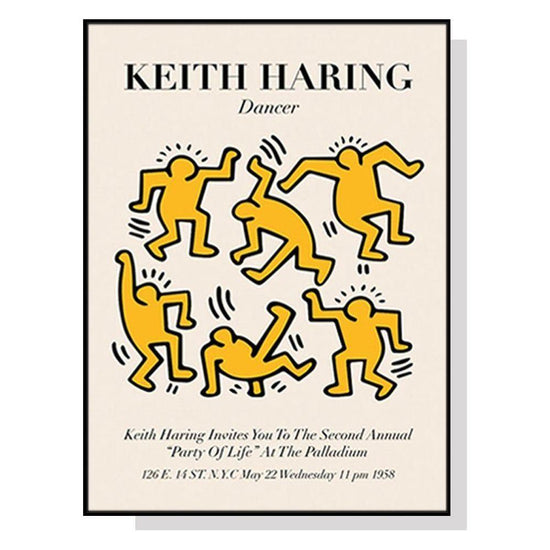 Wall Art 70cmx100cm Keith Haring Dancer Yellow Black Frame Canvas