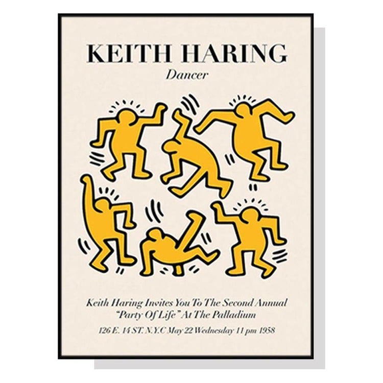 Wall Art 70cmx100cm Keith Haring Dancer Yellow Black Frame Canvas