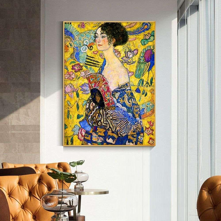 Wall Art 70cmx100cm Lady With A fan By Klimt Gold Frame Canvas - Magdasmall