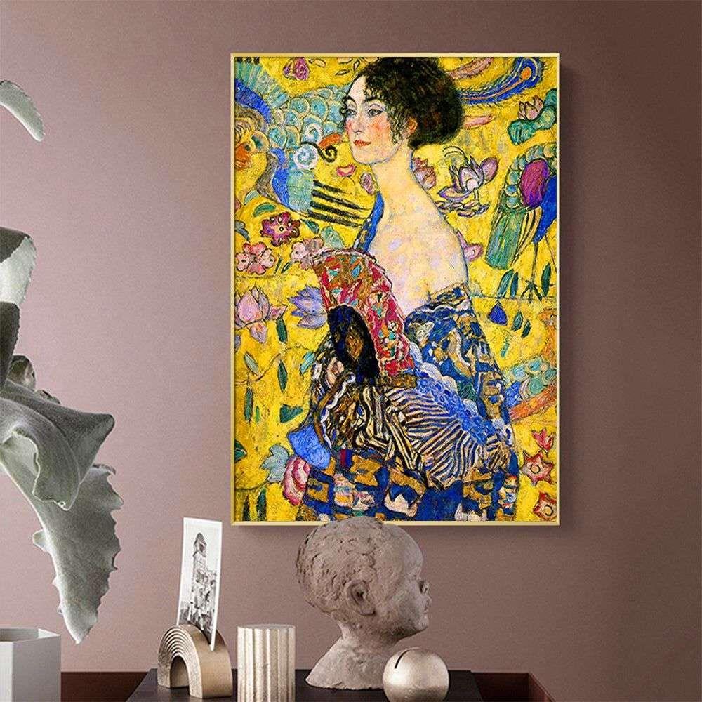 Wall Art 70cmx100cm Lady With A fan By Klimt Gold Frame Canvas - Magdasmall