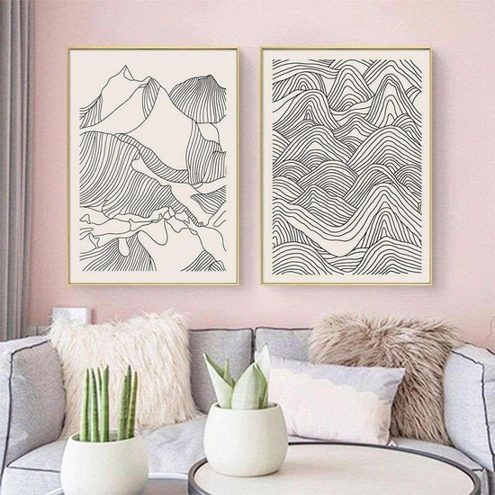 Wall Art 70cmx100cm Line Art Mountain 2 Sets Gold Frame Canvas - Magdasmall