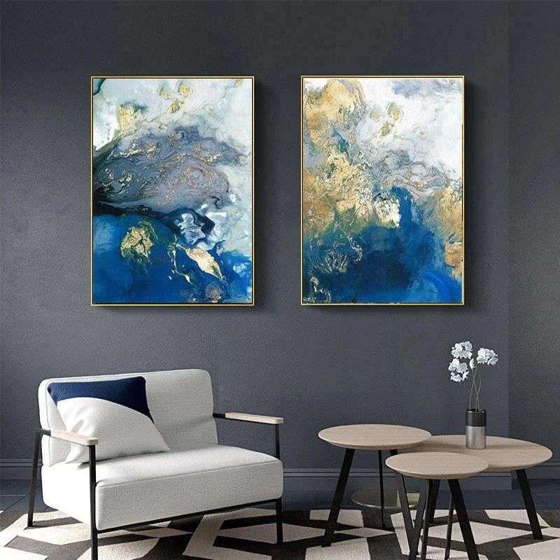 Wall Art 70cmx100cm Marbled Blue And Gold 2 Sets Gold Frame Canvas - Magdasmall