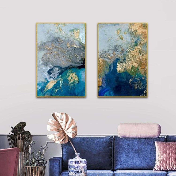 Wall Art 70cmx100cm Marbled Blue And Gold 2 Sets Gold Frame Canvas - Magdasmall