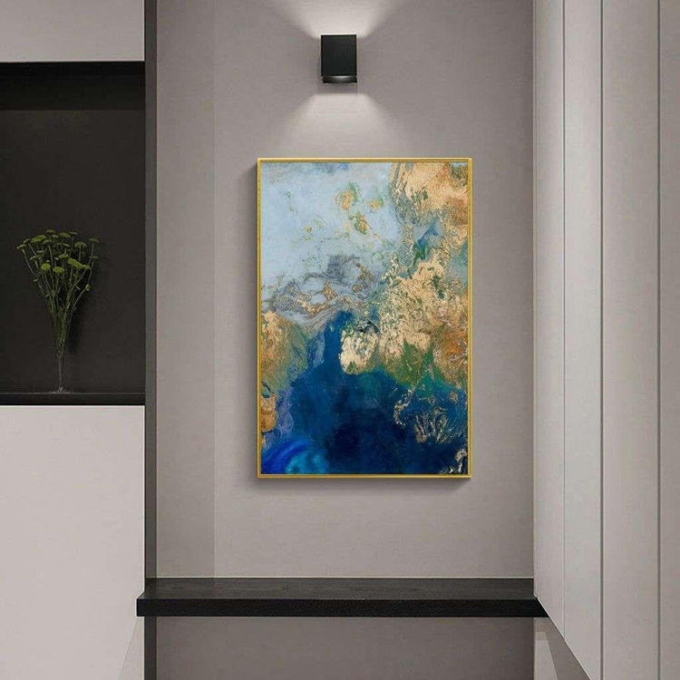 Wall Art 70cmx100cm Marbled Blue Gold Artwork Gold Frame Canvas - Magdasmall