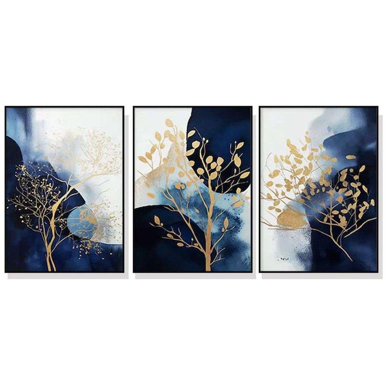 Wall Art 70cmx100cm Navy and Gold Watercolor Shapes 3 Sets Black Frame Canvas - Magdasmall