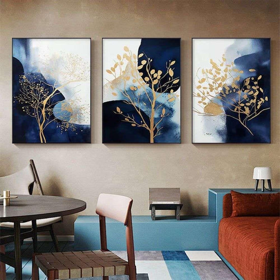 Wall Art 70cmx100cm Navy and Gold Watercolor Shapes 3 Sets Black Frame Canvas - Magdasmall