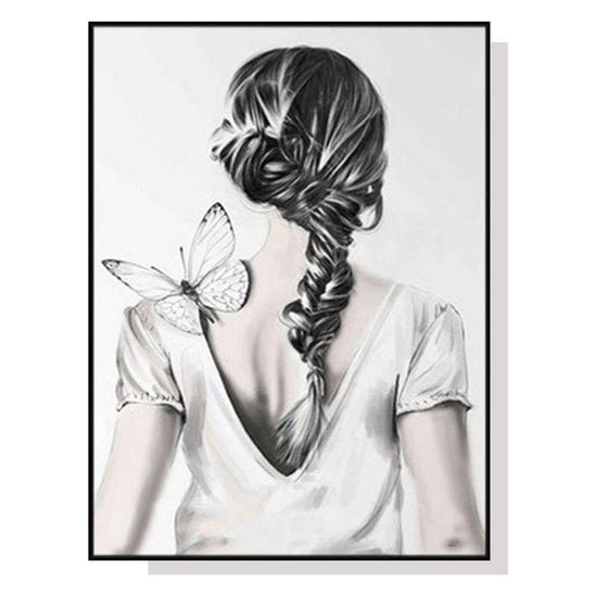 Wall Art 70cmx100cm Woman Back With Butterfly Black Frame Canvas - Magdasmall