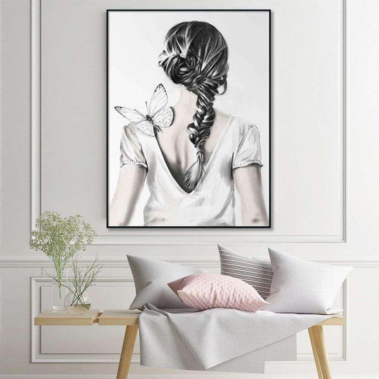 Wall Art 70cmx100cm Woman Back With Butterfly Black Frame Canvas - Magdasmall