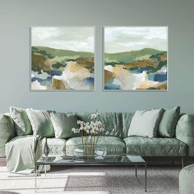 Wall Art 70cmx70cm Abstract Landscape 2 Sets White Frame Canvas - Magdasmall