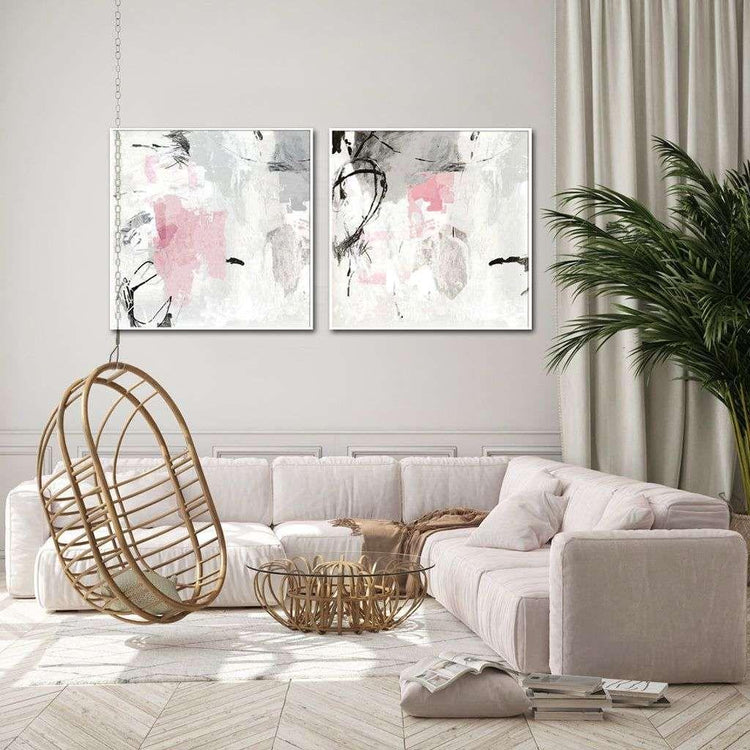 Wall Art 70cmx70cm Abstract Pink Grey 2 Sets White Frame Canvas - Magdasmall