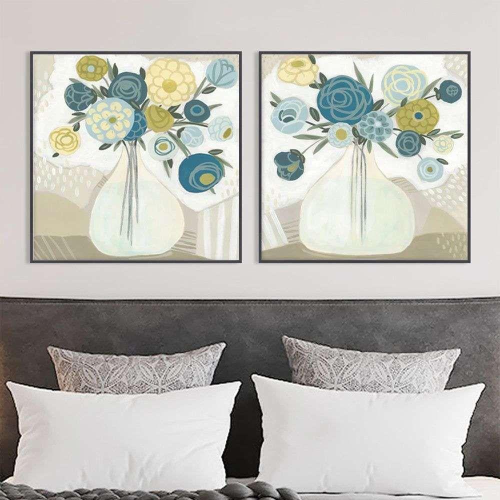 Wall Art 70cmx70cm Blue Bouquet 2 Sets Black Frame Canvas - Magdasmall