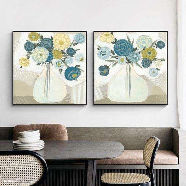 Wall Art 70cmx70cm Blue Bouquet 2 Sets Black Frame Canvas - Magdasmall
