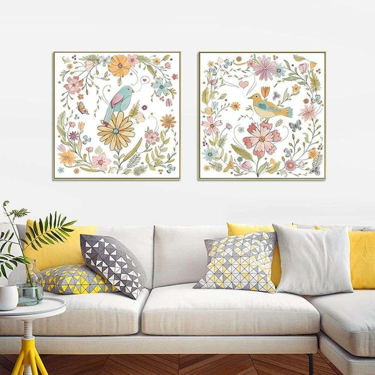 Wall Art 70cmx70cm Floral birds 2 Sets Gold Frame Canvas - Magdasmall