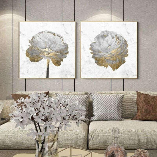 Wall Art 70cmx70cm Gold And White Blossom On White 2 Sets Gold Frame Canvas - Magdasmall