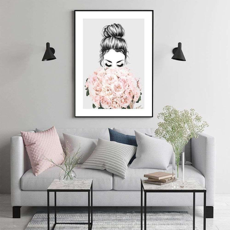 Wall Art 80cmx120cm Roses Girl Black Frame Canvas