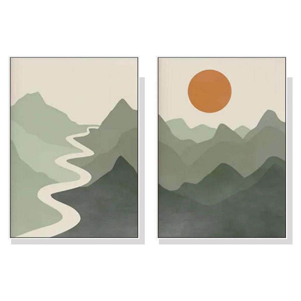 Wall Art 80cmx120cm Sage Green River Mountain 2 Sets White Frame Canvas