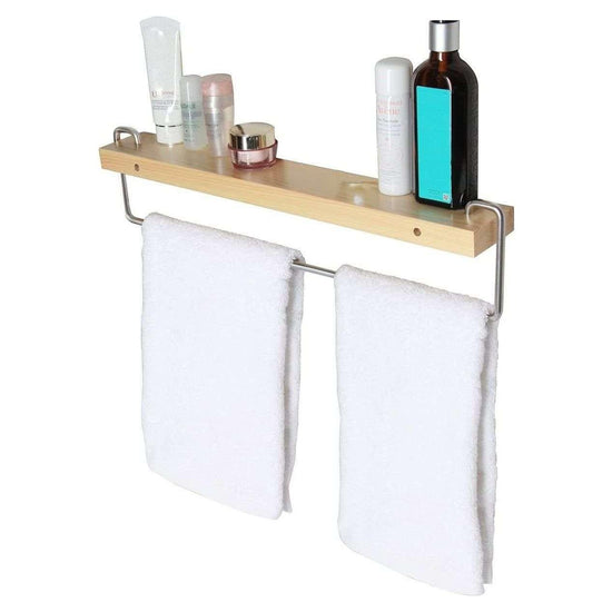 Wall Mount Solid Wood Shelf with Towel Rack Bar Holder Bathroom Organizer Hanger