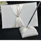 White Wedding Guest Book Register with Silver Pen Matching Stand Set 36 Lined Pages - Ivory Sach Ribbon Cover