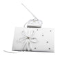 White Wedding Guest Book Register with Silver Pen Matching Stand Set 36 Lined Pages - White Ribbon and Diamante Bow Cover